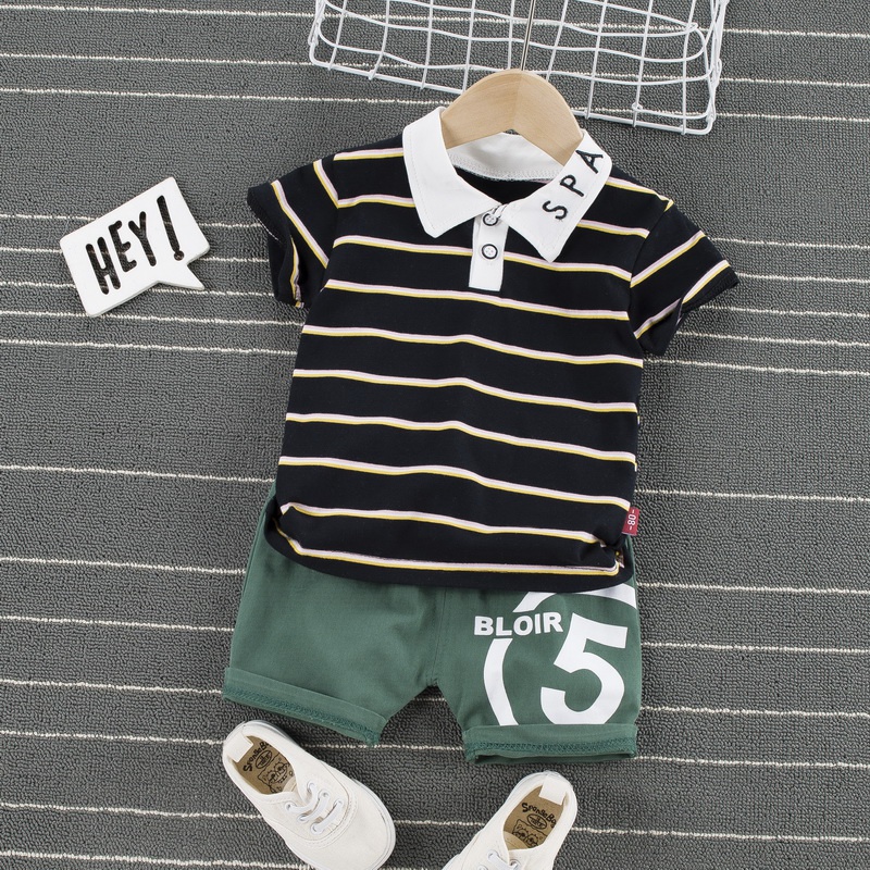 Baby Handsome Striped Print Polo Shirt and Shorts Set